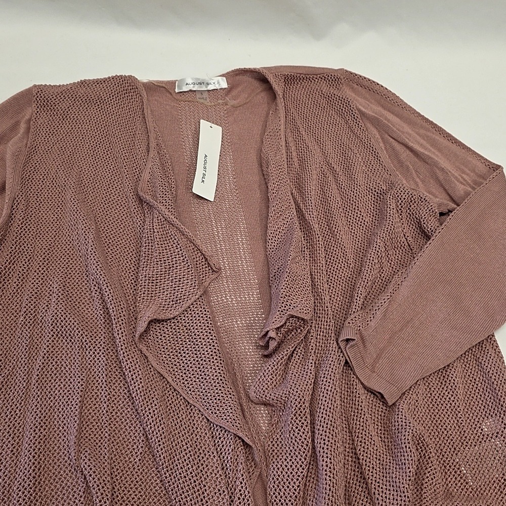 NWT August Silk Cardigan Women S Mauve Pink Open Front Draped Pointelle Knit